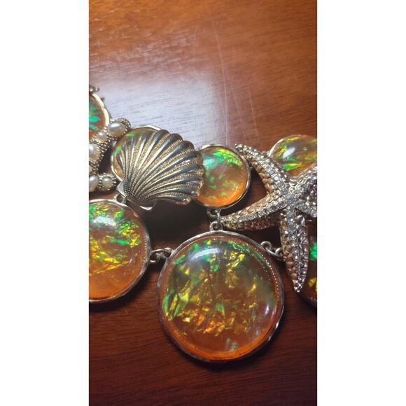 Faux Iridescent Opal Gold Starfish Acents Statement Necklace - Picture 3 of 5